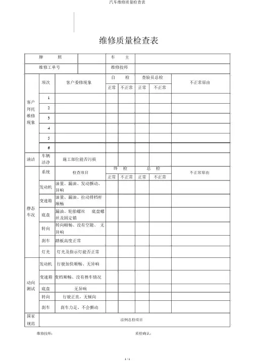 汽车维修质量检查表