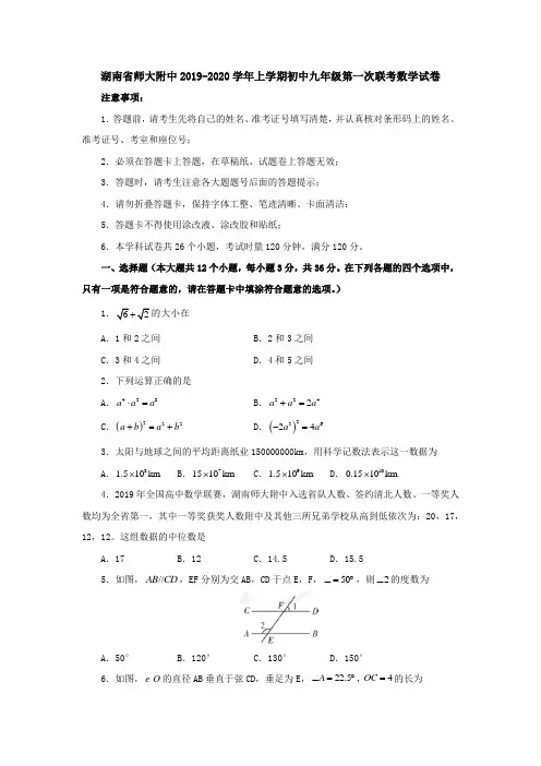湖南省师大附中2019-2020学年上学期初中九年级第一次联考数学试卷