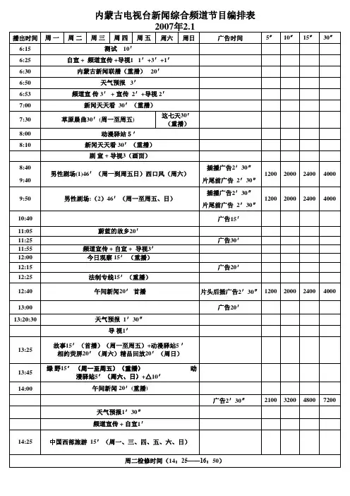 内蒙古电视台地面频道07节目价格表