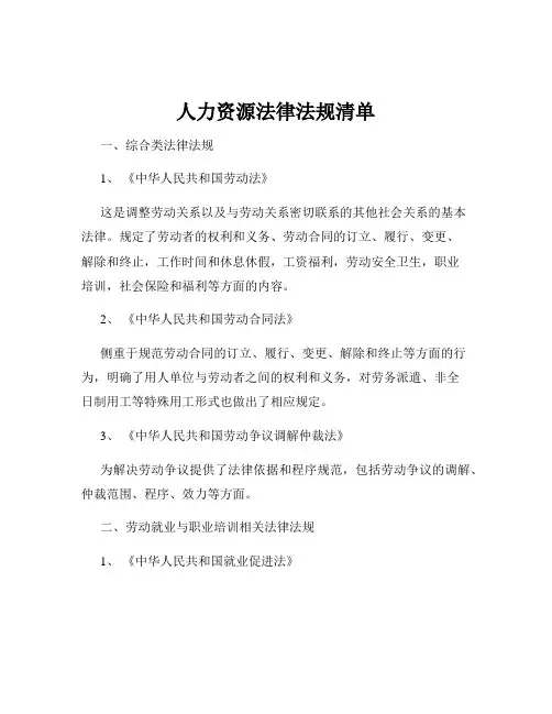 人力资源法律法规清单