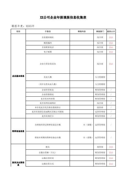XX企业年报填报信息收集表 - 模板