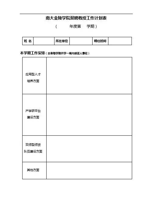 南大金陵学院双聘教授工作计划表