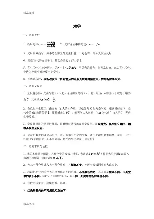 高中物理光学、原子物理知识要点讲课稿