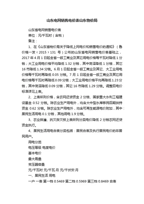 山东电网销售电价表山东物价局