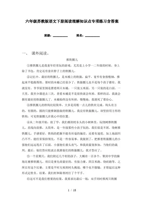 六年级苏教版语文下册阅读理解知识点专项练习含答案