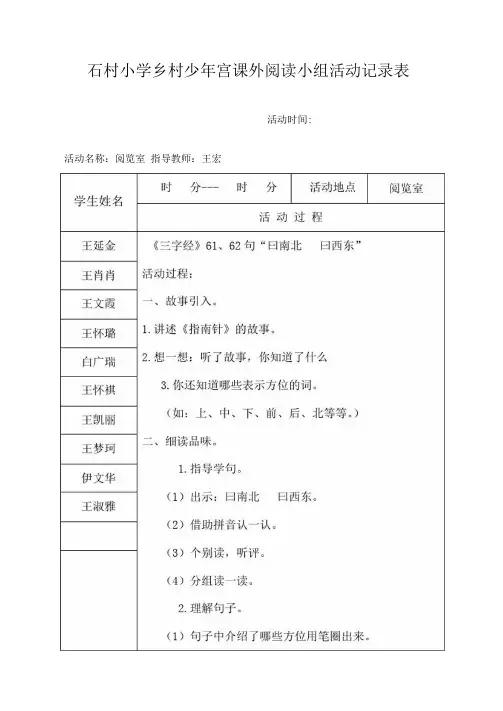 课外阅读小组活动记录表