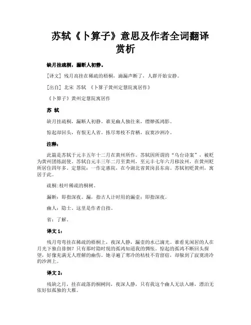 苏轼《卜算子》意思及作者全词翻译赏析