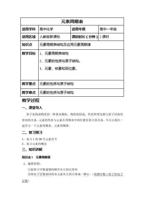 高中化学人教版必修2 1.1元素周期表教案