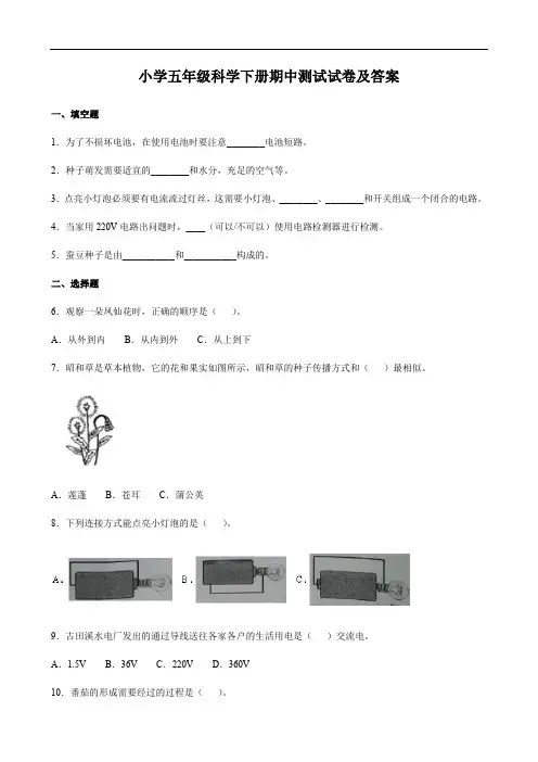 小学五年级科学下册期中测试试卷及答案