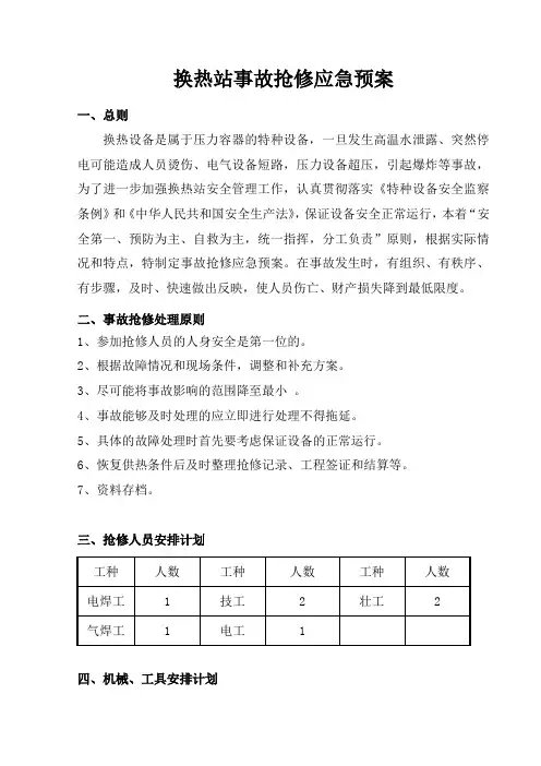 换热站事故抢修应急预案