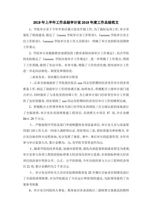 最新-2019年上半年工作总结 审计室2019年度工作总结范文 精品