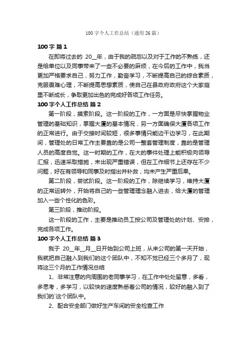 100字个人工作总结（通用26篇）