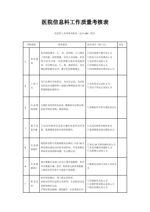 医院信息科工作质量考核表