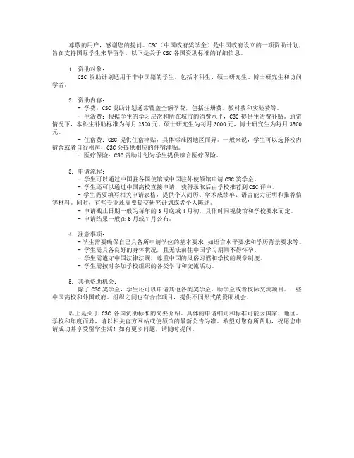 csc各国资助标准