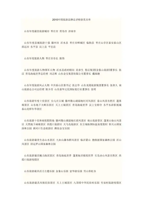 2010中国旅游品牌总评榜获奖名单