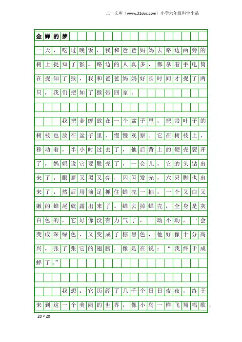 小学六年级科学小品：金蝉的梦