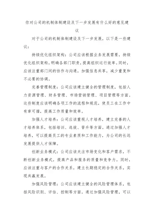 你对公司的机制体制建设及下一步发展有什么好的意见建议