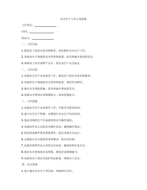 安全生产工作计划表格