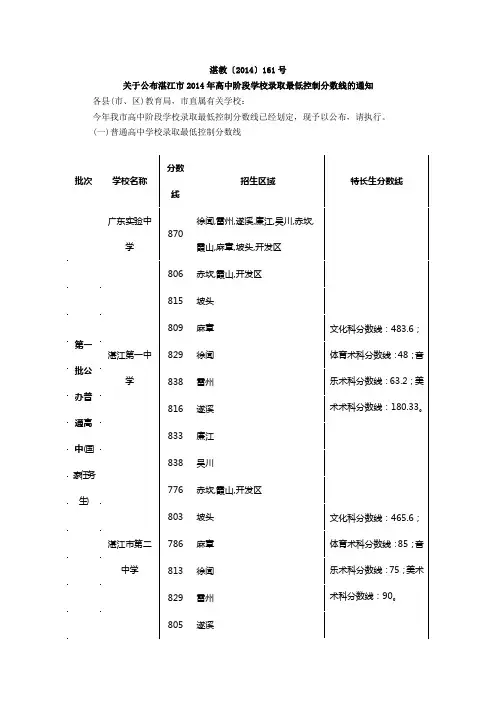 2014年湛江市中考录取分数线