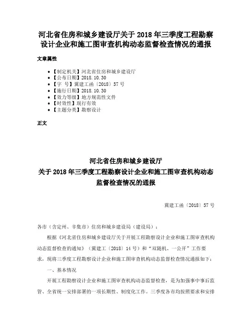 河北省住房和城乡建设厅关于2018年三季度工程勘察设计企业和施工图审查机构动态监督检查情况的通报