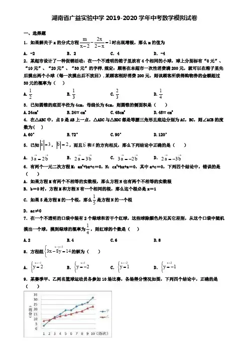 湖南省广益实验中学2019-2020学年中考数学模拟试卷