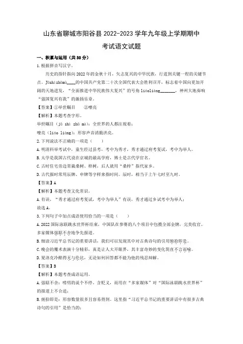 【语文】山东省聊城市阳谷县2022-2023学年九年级上学期期中考试试题(解析版)