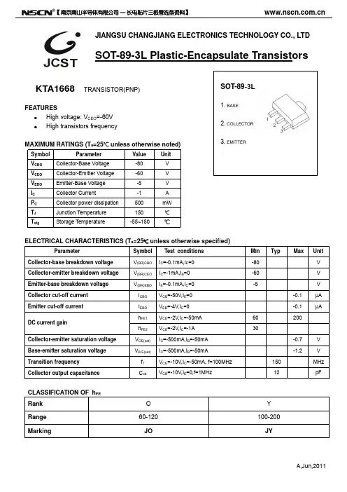KTA1668贴片三极管 SOT-89三极管封装KTA1668参数
