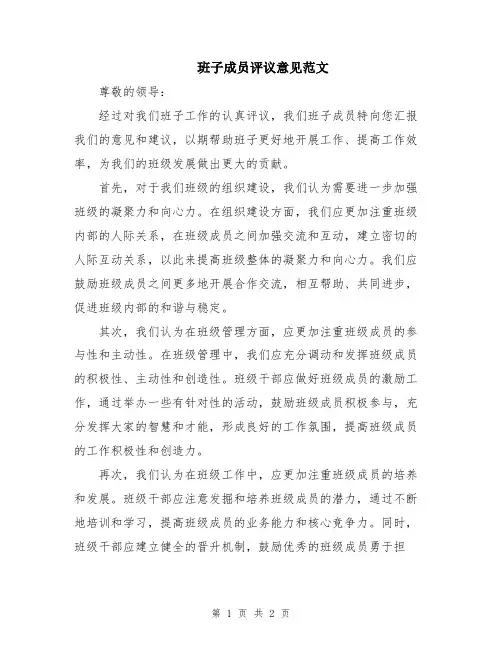 班子成员评议意见范文