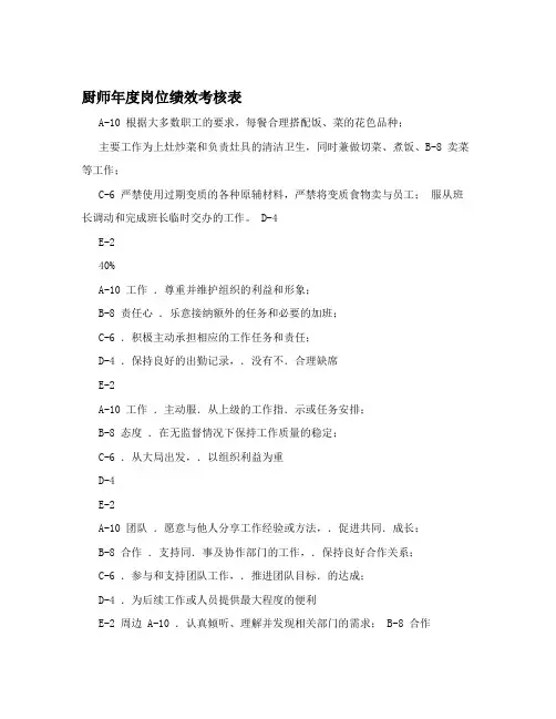厨师年度岗位绩效考核表