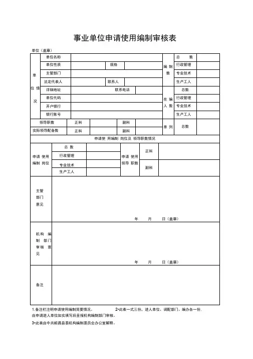 事业单位申请使用编制审核表