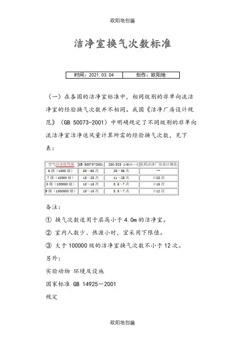 洁净室换气次数标准之欧阳地创编