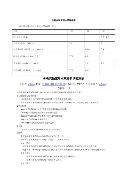 分析实验室用水国家标准