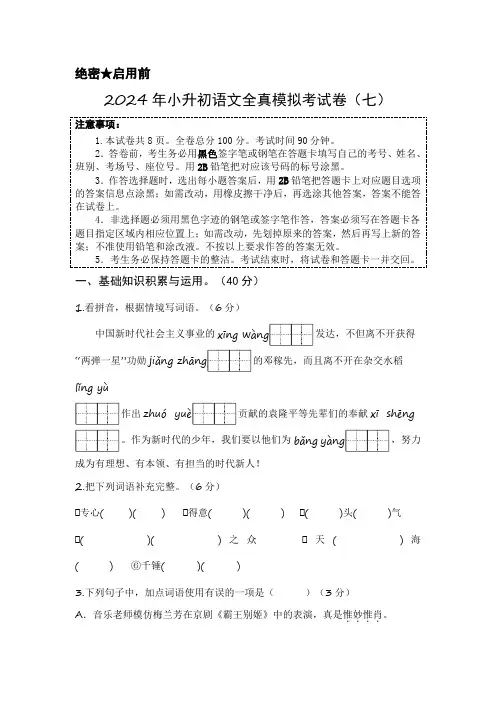 2024年小升初语文全真模拟考试卷(七)(试题)