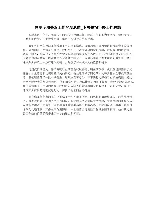 网吧专项整治工作阶段总结_专项整治年终工作总结