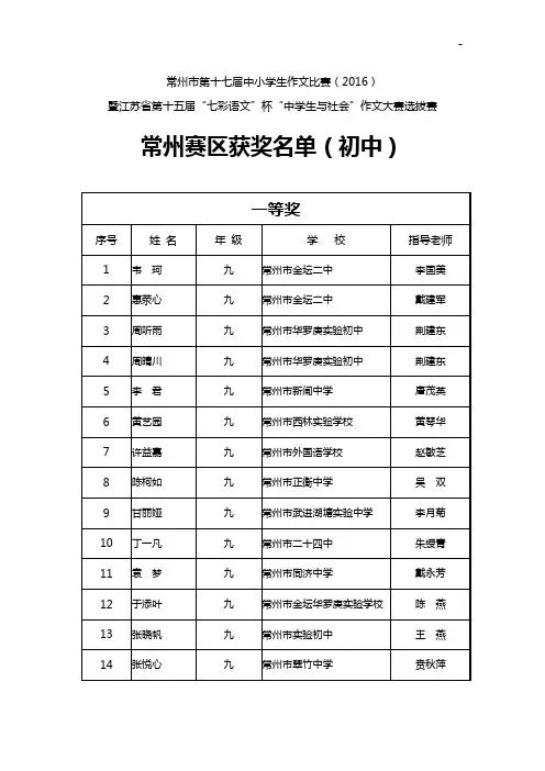 常州市第十五届中小学生作文写作大赛初级中学组获奖名单资料公示