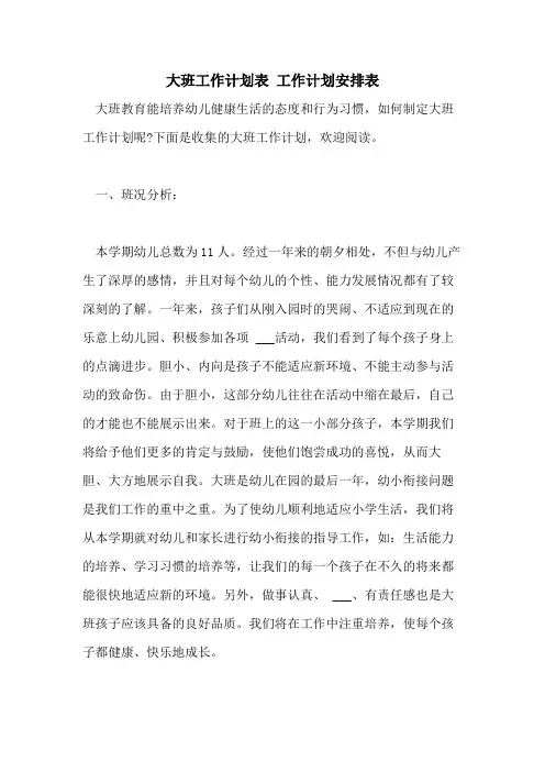 2021年大班工作计划表 工作计划安排表