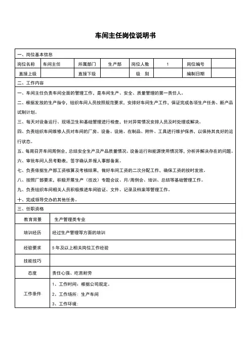 部门职责及岗位说明书(车间主任)