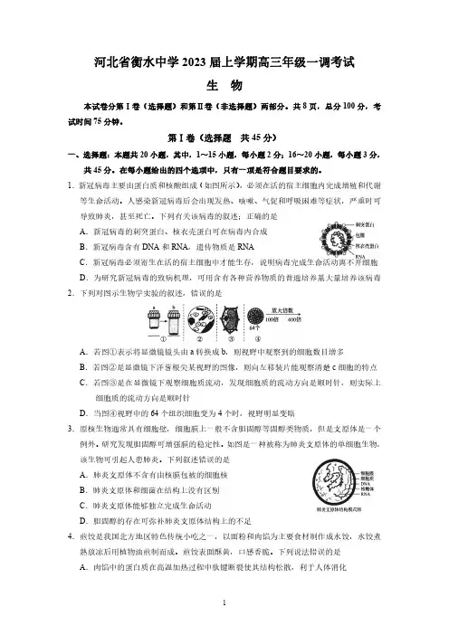 河北省衡水中学2023 届上学期高三年级第一次调研考试 生物试卷(后附参考答案)