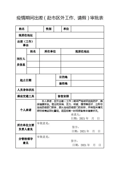 疫情期间出差(赴市区外工作、请假)审批表