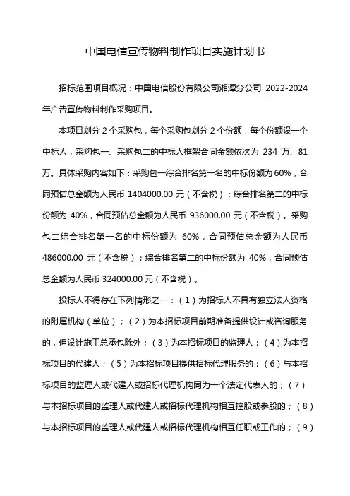 中国电信宣传物料制作项目实施计划书