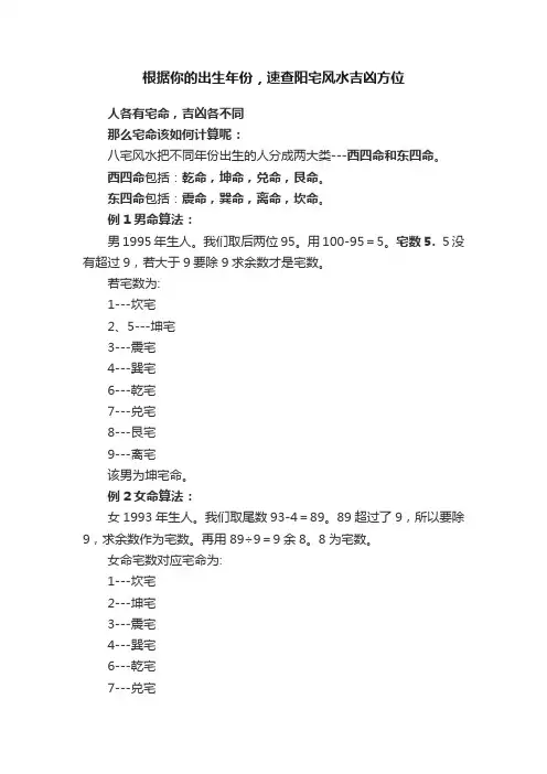 根据你的出生年份，速查阳宅风水吉凶方位