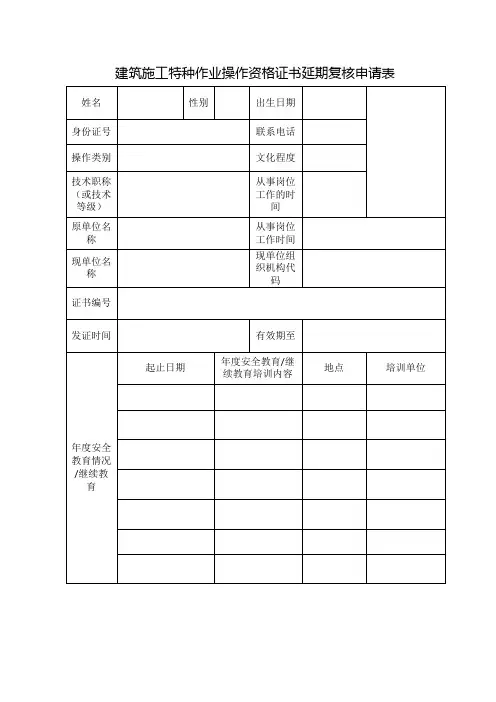 建筑施工特种作业操作资格证书延期复核申请表
