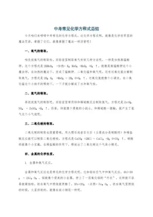 中考常见化学方程式总结