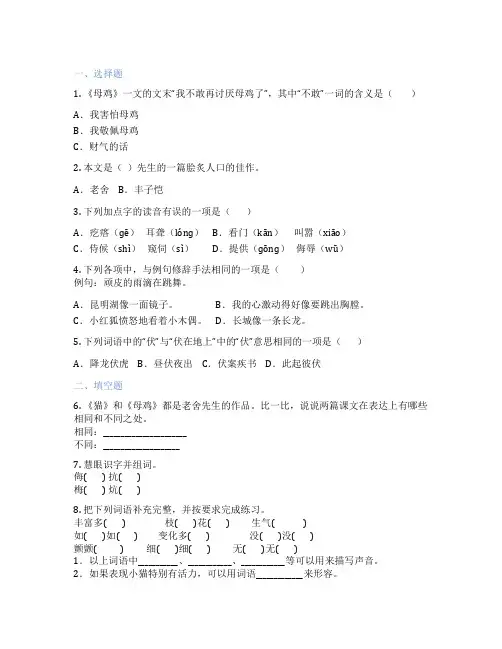 小学语文 14 母鸡 课后练习题