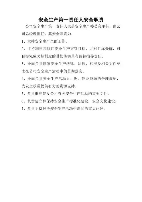 安全生产第一责任人安全职责