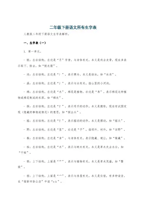 二年级下册语文所有生字表