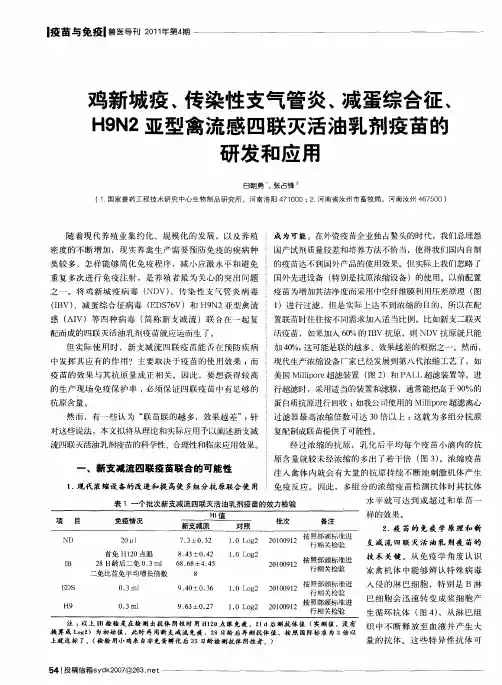 鸡新城疫、传染性支气管炎、减蛋综合征、H9N2亚型禽流感四联灭活油乳剂疫苗的研发和应用