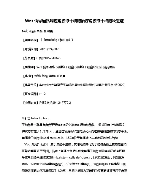 Wnt信号通路调控角膜缘干细胞治疗角膜缘干细胞缺乏症