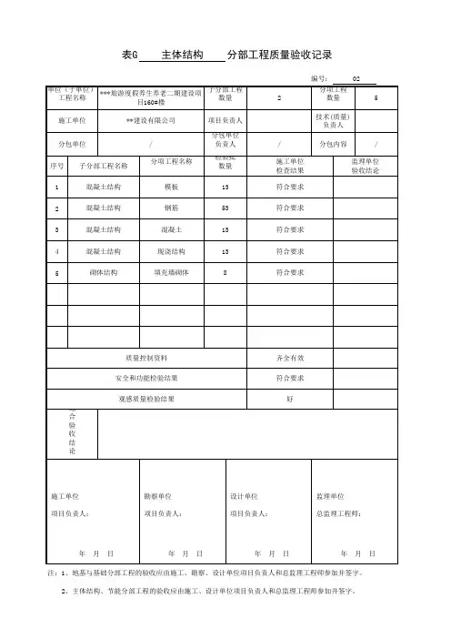 主体结构分部工程质量验收记录