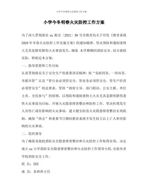 小学今冬明春火灾防控工作方案